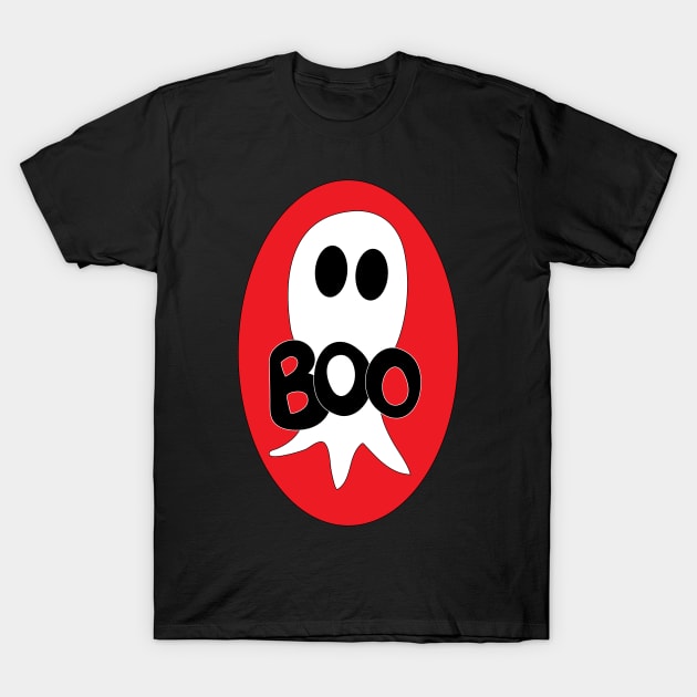 Cute Halloween ghost cartoon with BOO text T-Shirt by Angel Dawn Design